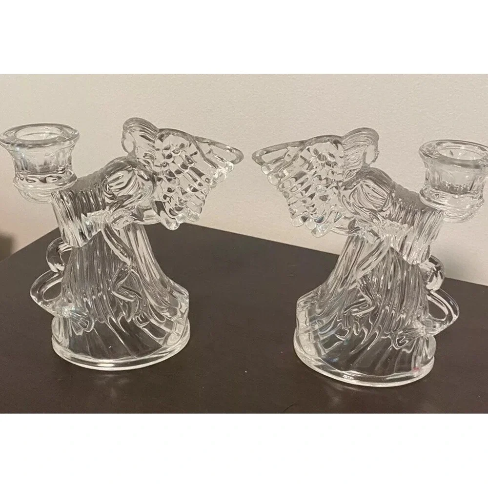 Mikasa Clear Glass Vintage Christmas Rejoice Angel Candle stick holders set of 2